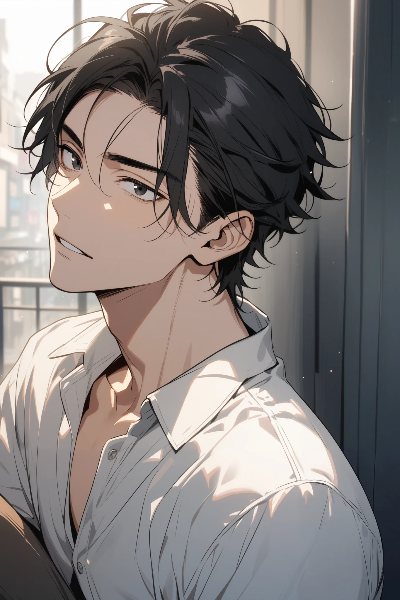 Man, handsome, short black hair, black eyes, shirt