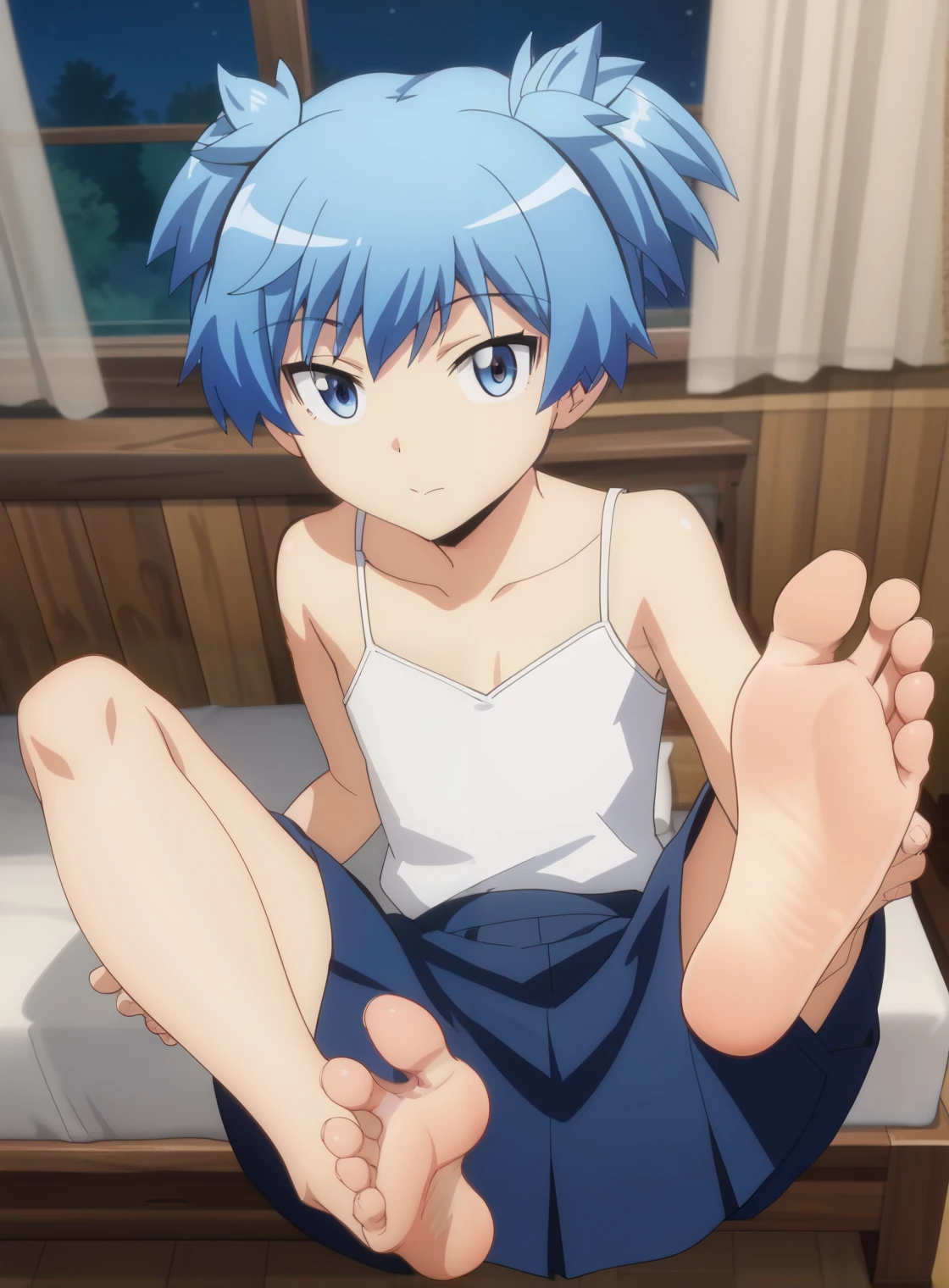 BREAK a little boy,lloyd ,vest, green shorts, male, male focus,  For the blue, sitting on a throne, bare feet, showing feet, smile, blush, point of view from below, looking at the viewer, thick legs, Feet full of semen 
