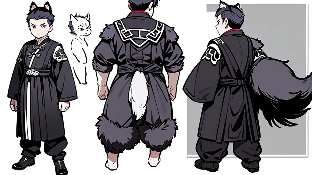    Beast Ears、   no background、   The model sheet for the cute Chinese werewolf beast human boy 、 depicts the same character from 3 angles  、 