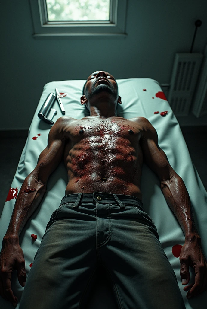 an Indonesian man with a very tall, big and sturdy body, all the muscles on his body stand out, showing that he is a strong person. oval face, short hair styled to the side. Brown skin. his face was covered in blood and bruises. blood could be seen all over his body. he was lying on a stretcher by the medical team. 4D realistic.