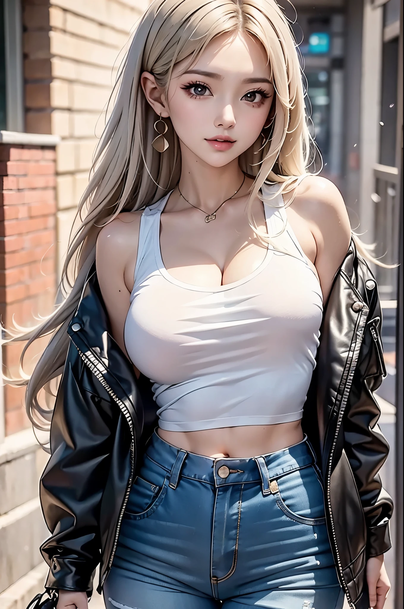 ((masterpiece:1.5、8k、Portraiture、Photorealistic and very detailed CG、Very detailed、Particle Effects、Dynamic Effects、Written boundary depth、Cinematic Light、Lens flare、Ray Tracing、Tabletop、Realistic:1.4、Ultra-high resolution:1.2、Realistic、Realistic)). 1girl, white hair, medium breasts, detailed face, sweet girl, casual fashion. tank top shirt, jacket, short pants , underboob, navel