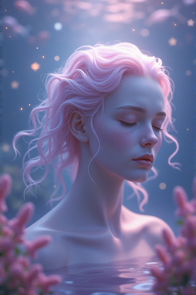  Generate an image of Pisces with a lilac background ,  showing a dreamy person in an aquatic environment, surrounded by fish and stars .