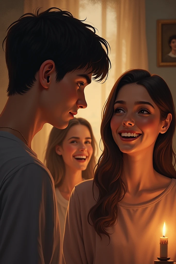 Beautiful young couple, man flossing his girlfriend, (ultra realism), in a lighted bathroom
