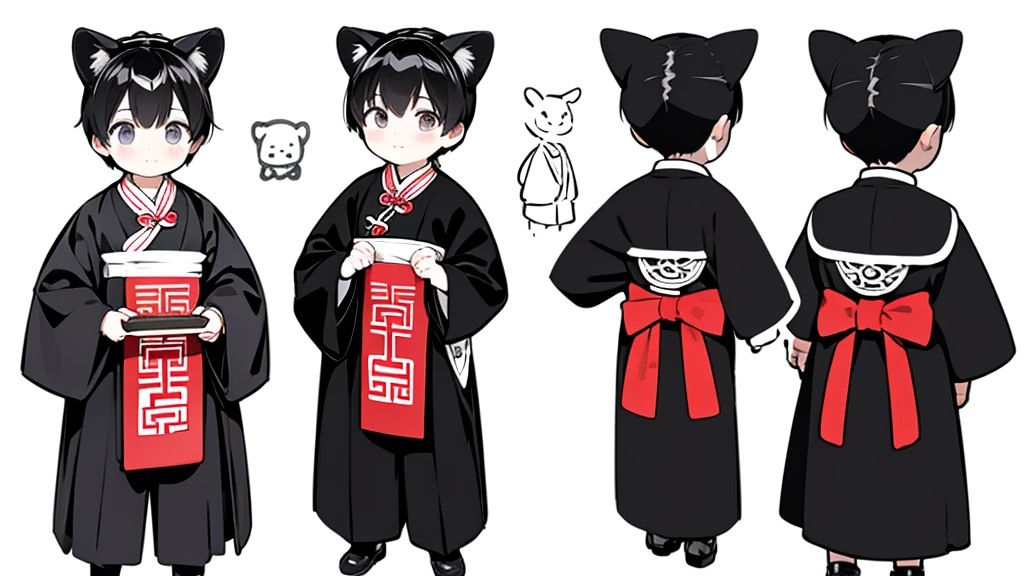    Animal Ears、    no background、   The model sheet of a cute Chinese boy  、  depicts the same character from 3 angles  、 