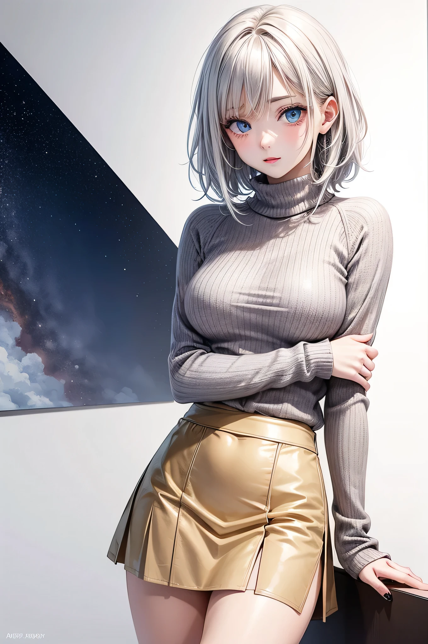 A woman with silver bob hair and blue eyes, her eyes are condescendingly, she is very happy, sitting with her legs apart revealing her panties, wearing a mini skirt, extremely detailed and realistic, masterpiece quality, ultra-detailed, HDR, studio lighting, vivid colors, physically-based rendering, near the lake, winter