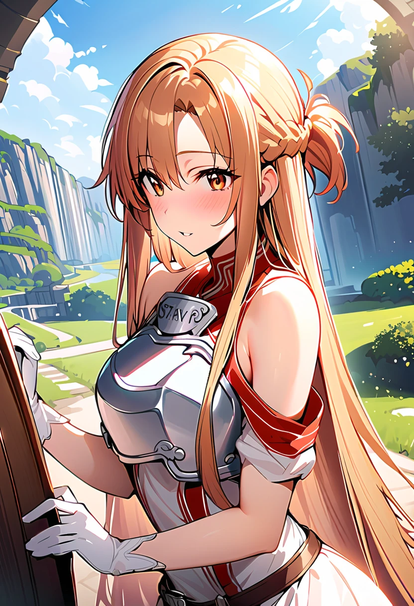 ((  Masterpiece )),   best quality ,  very detailed,( one girl),Yuki Asuna、Asuna (Stay),  Brown Eyes ,  brown hair、 long hair、 braids 、Bare shoulders, breastplate、 sleeve removed, Gloves, white Gloves,  dress, (red and white  dress),  long hair, Beautiful background ,Clothing,  Chest, 