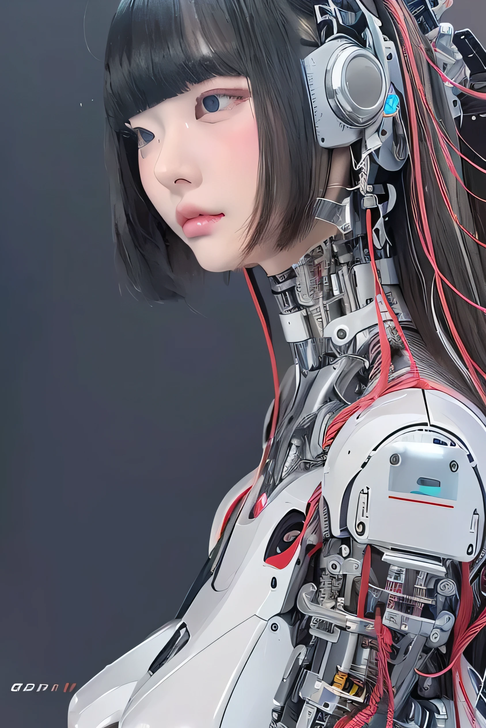 masterpiece, best quality, extremely detailed,portrait,front view,Japaese android girl,Plump, control panels,android,Droid,Mechanical Hand, Robot arms and legs,Blunt bangs,long tube,thick cable connected her neck