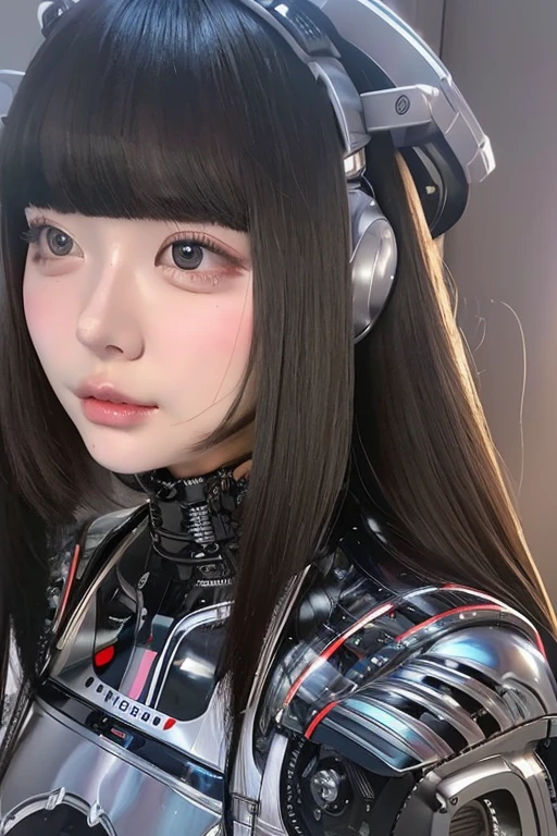 masterpiece, best quality, extremely detailed,portrait,front view,Japaese android girl,Plump, control panels,android,Droid,Mechanical Hand, Robot arms and legs,Blunt bangs,long tube,thick cable connected her neck