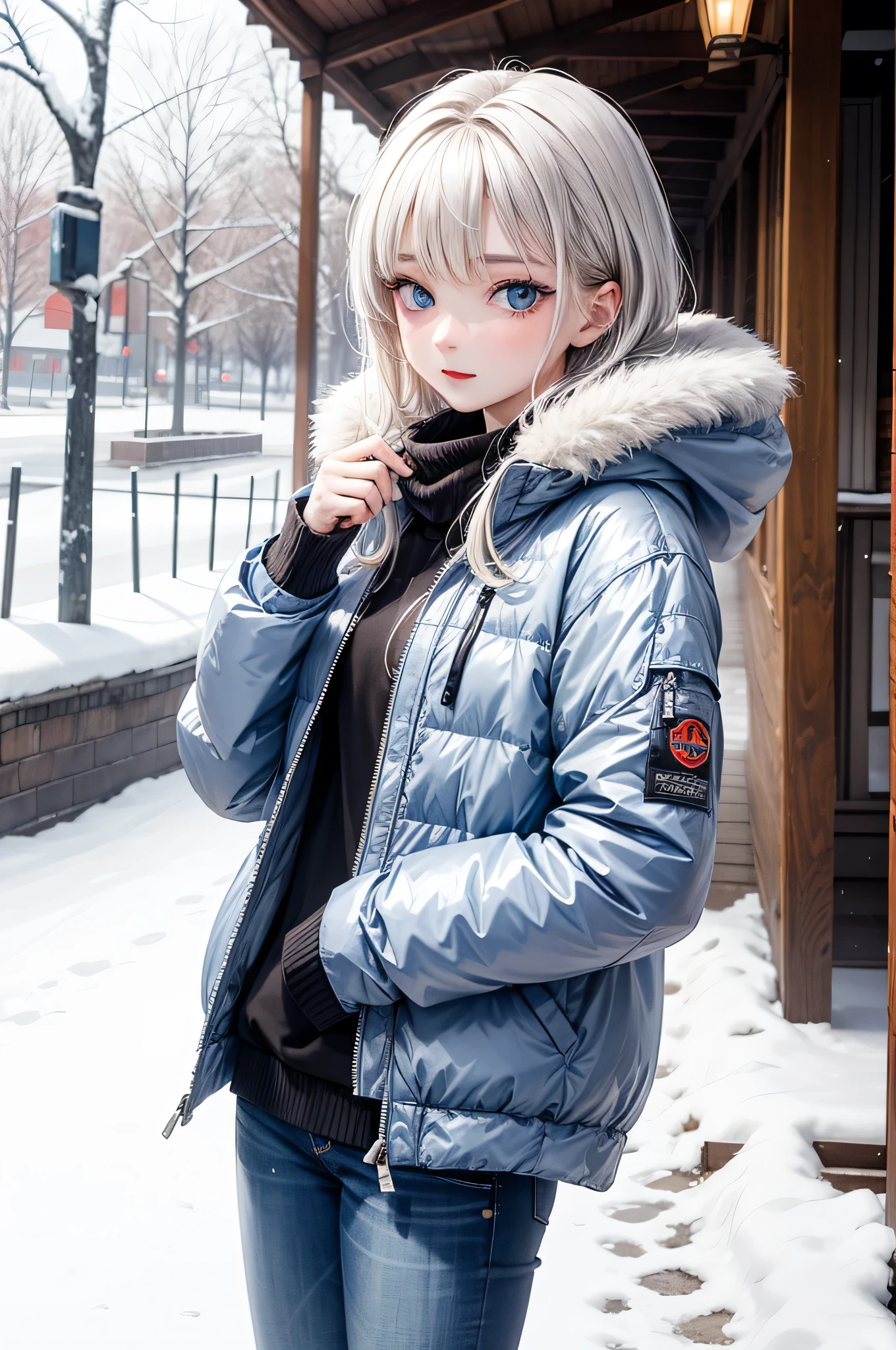 Blond haired girl in a blue jacket and black top standing in the snow ...