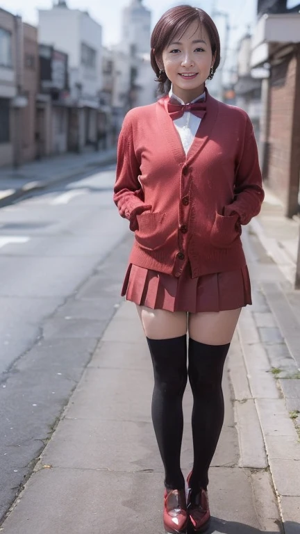 full body shot, from below,  japanese mature, 68 years old,  detailed face , smile, Facial wrinkles, Wrinkles around the eyes,  Detailed skin texture ,  white skin,  long hair, curvy body, (earrings, red bowtie,brown cardigan,red skirt,pleated skirt,micro miniskirt,black thighhighs:1.2), ( beautiful girl with a devilish smirk smirk and holding :1.2), ( full body shot from toe to head wearing black high heels,  sidewalk:1.2), ( surrealism, best quality, ultra detailed, absolutely resolution, 8k, anatomically correct), depth of field, looking at viewer, tachi-e,  detailed face , full body