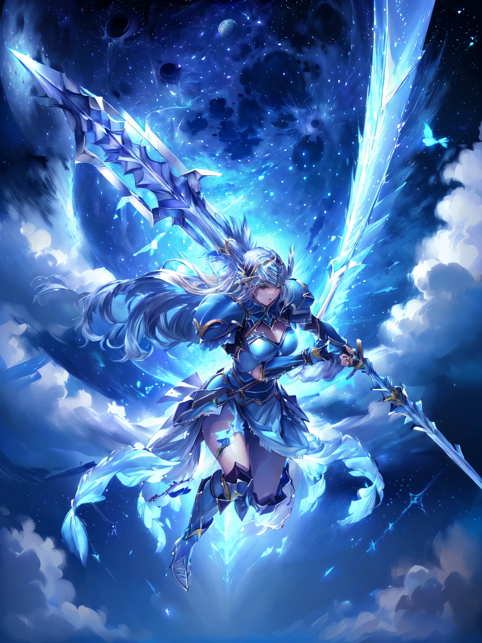 Archangel,  Legendary God Holds a Spear  ,Renesse floats in the sky and throws a spear  (solo：1.5 )，Maxi Kit,  full body shot,break，whole body, score_9,  score_8_Excellent,  score_7_Excellent, A 32K ，( Depictions with attention to detail)((Highly detailed CG integration), (( super real , Dynamic action poses with vivid 3D ))，(Realistic) detailed face ，(( dark blue eyes:1.4,  Round Eyes,  clear eyes, detailed eyes on board， beautiful lashes)),  hair with dazzling highlights  , braided hair,Grey Hair， beautiful skin ，Shiny blue armor ,Detailed Decorative Blue Armor ,  armored dress , （ silver helmet with red gemstones 1.5）,（Blue Armor 1 with No Exposed Skin .3),Blue shoulder brace ,  blue gauntlets, blue lower back armor 、 white skirt, blue shin guard ,blue long boots, The center of the belly is made of leather and color 、Sheath on the left waist , (holding ( Giant Silver Spear  :1.５)),(( dramatic graphic background ： starry sky ，Giant Moon、 beautifully detailed backgrounds ,Moon and star background ,Night Sky)), Pale Moonlight  ,((Two big, Shining Wings:1.3),(flight:1.5) scattered blue feathers、(( best quality)),( super high resolution),( super detailed)