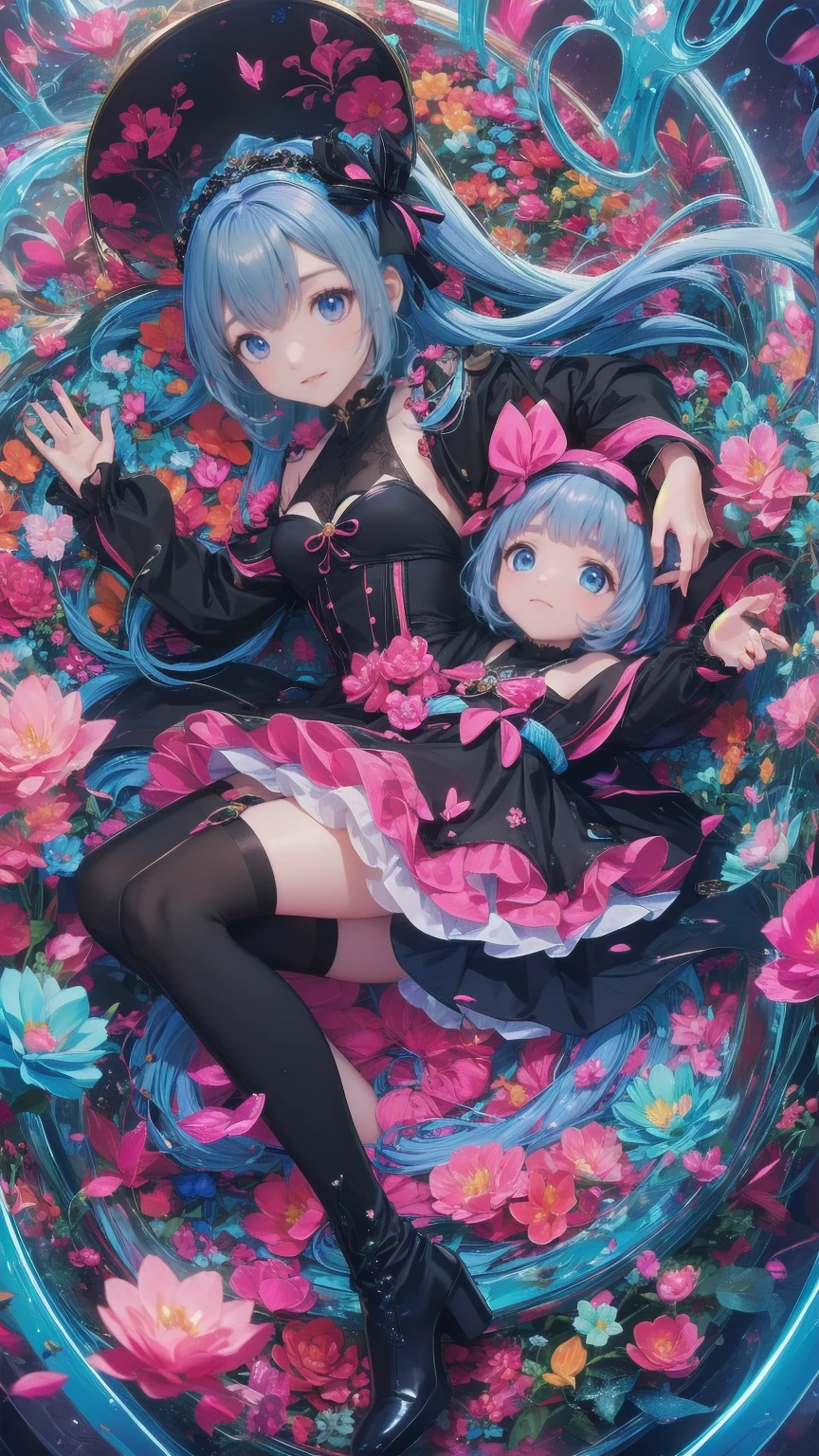 <lora:BgAnime-000006:0.8>, BgAnime, multiple girls, BREAK looking_at_viewer, short_hair, open_mouth, bangs, shirt, hair_ornament, red_eyes, holding, bare_shoulders, blue_hair, swimsuit, weapon, flower, ahoge, socks, hair_flower, pink_eyes, kneehighs, black_shirt, multiple_views, chain, antenna_hair, ball, (masterpiece,best quality:1.5), ultra realistic,32k,RAW photo,(high detailed skin:1.2), 8k uhd, dslr, soft lighting, high quality, film grain