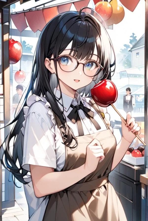  black hair、Glasses、stall、Candy apples、stallのお姉さん