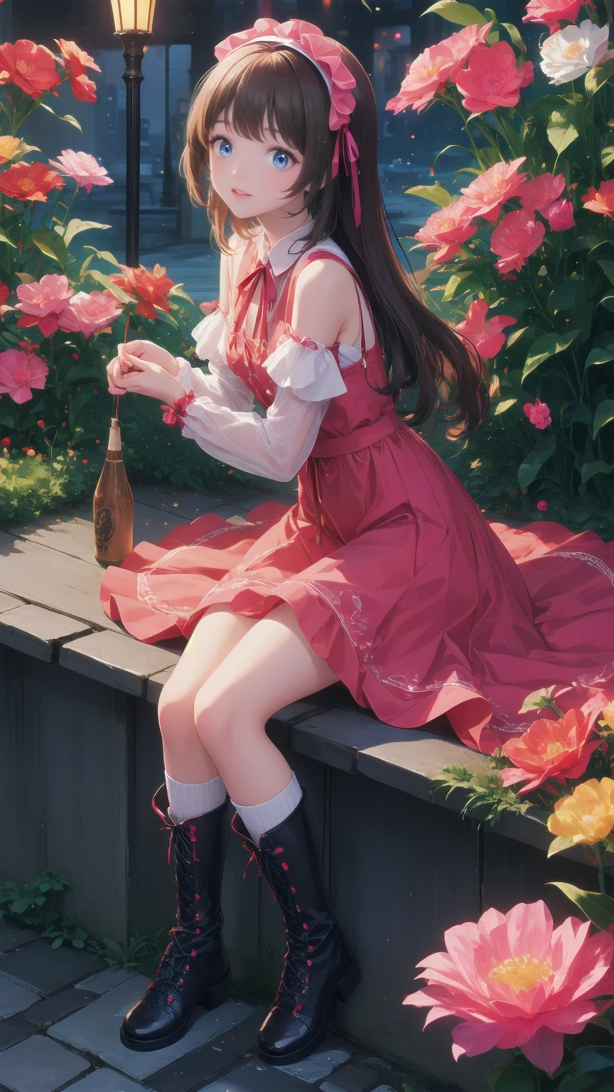   anime style 、story、、   pretty girl 、とてもcute天使、  pink gothic dress 、cute、baby face、smile、  Long Skirt 、   black boots 、Very cute headband
