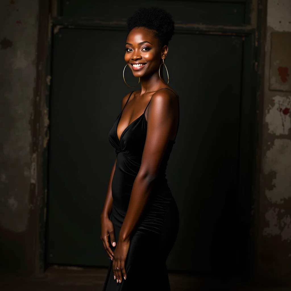 Cute black girl 1, (((black girl))), (((black ebony skin))), (((modeling in studio))), modeling, long white gloves, arms up modeling, long narrow designer dress black, short boots, visible fancy jewelry, (((model pose))), laughing, professional photo studio, photo studio
