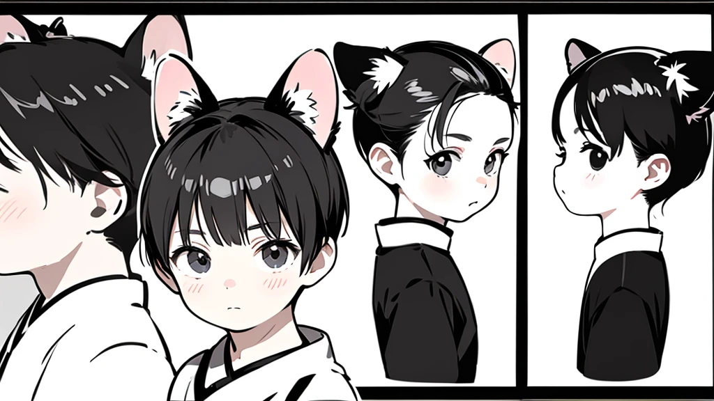    Animal Eared Boy 、     no background、    cute Chinese boy model sheet  、   depicts the same character from 3 angles  、 