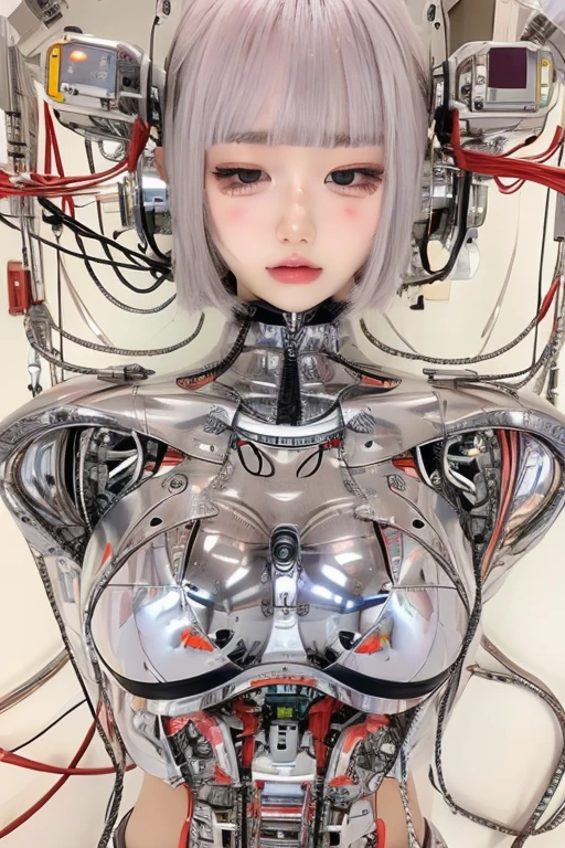 masterpiece, best quality, extremely detailed,portrait,front view,Japaese android girl,Plump, control panels,android,Droid,Mechanical Hand, Robot arms and legs,Blunt bangs,long tube,thick cable connected her neck