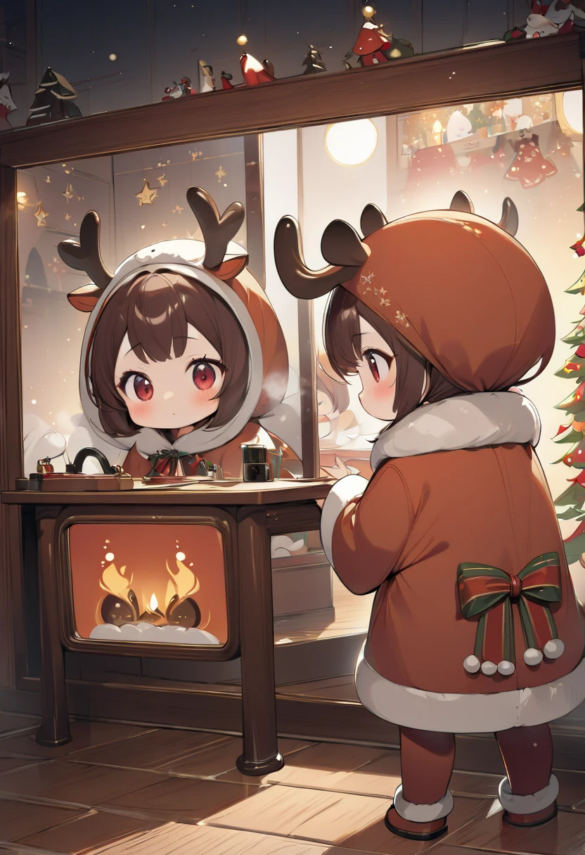 Christmas card style image, A chibi girl is trying on a reindeer costume while looking in the mirror, deciding which one to wear, a warm fireplace, cute illustration art like a picture book, masterpiece, best quality, very aesthetic, absurdres, very aesthetic