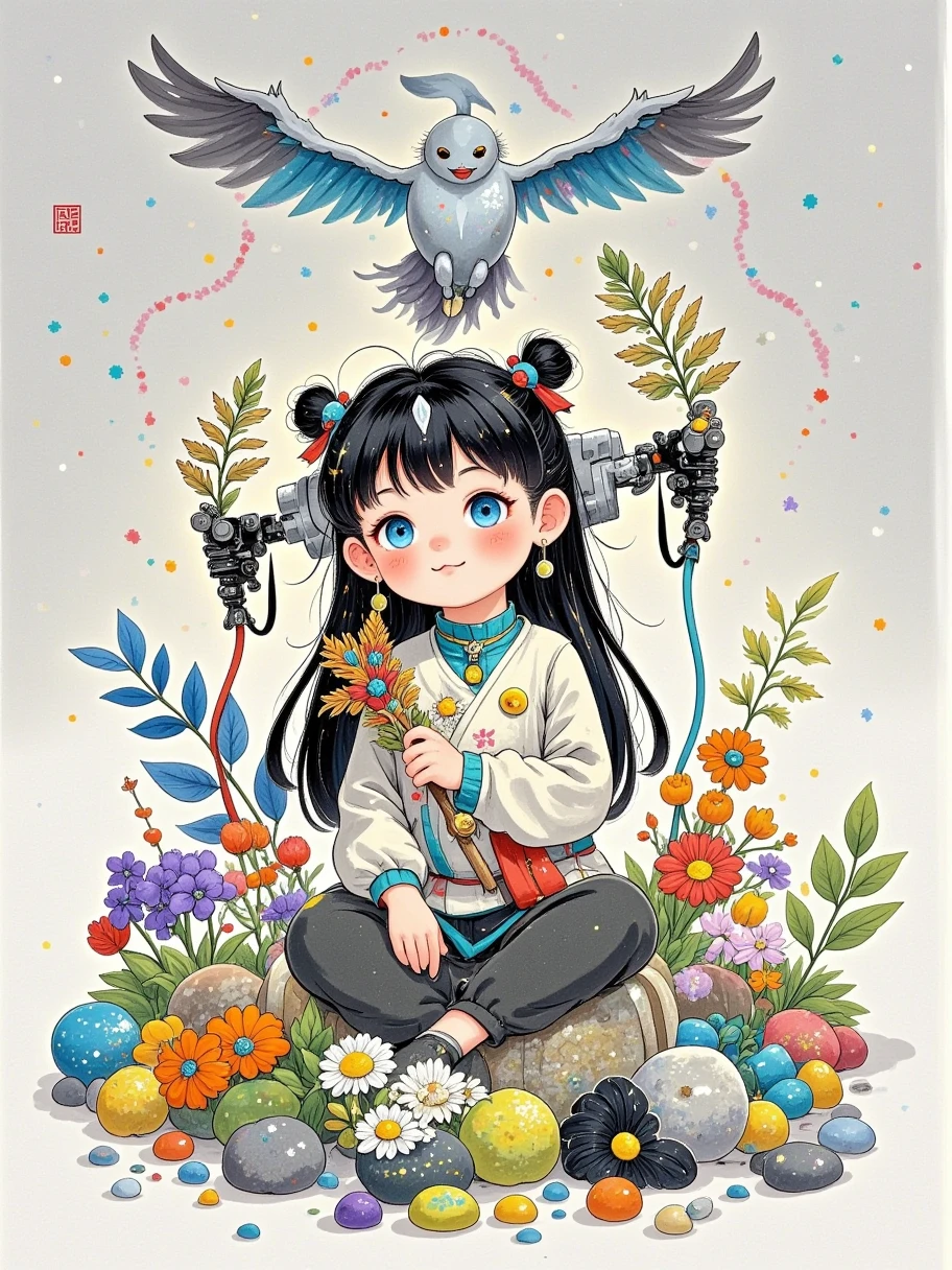  A digital photo was taken from the view of the side camera. A human figure is sitting on a platform， sitting in the center of the photo has a thoughtful expression 。 The photo has a mechanical woman ，Long black hair， blue eyes，Sitting in the center of the photo 。 x} The background is a simple gradient from light grey to white ，Expression is dull。Her long hair flutters，With light makeup。 The hand stretched backwards has no skin ， with a metallic surface ， with no clothing or accessories 。 This one has a robotic arm ， with a cable ， skin with a metal surface ， stretched backwards 。 holding a screwdriver in one hand ， Her body has been completely mechanically modified ， with a high-tech sword inserted behind the character ， with a gray mechanical muscle connection 。 she looks like A slender young woman 。