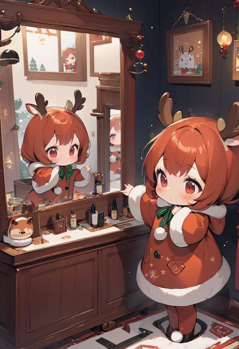 Christmas card style image, A chibi girl is trying on a reindeer costume while looking in the mirror, deciding which one to wear, a warm fireplace, cute illustration art like a picture book, masterpiece, best quality, very aesthetic, absurdres, very aesthetic