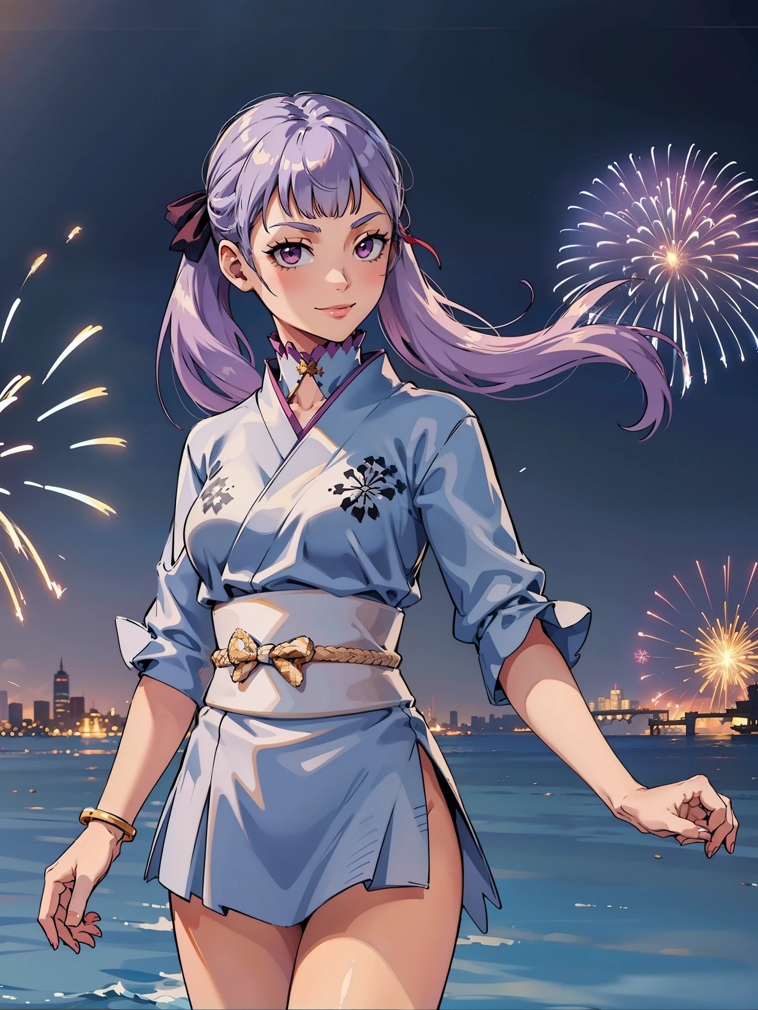 (masterpiece, best quality:1.2), (black clover style, noelle silva), (1girl, solo), upper body, (twin tails, hair ribbon), purple kimono, (happy smile, looking at viewer), (night sky, fireworks)
