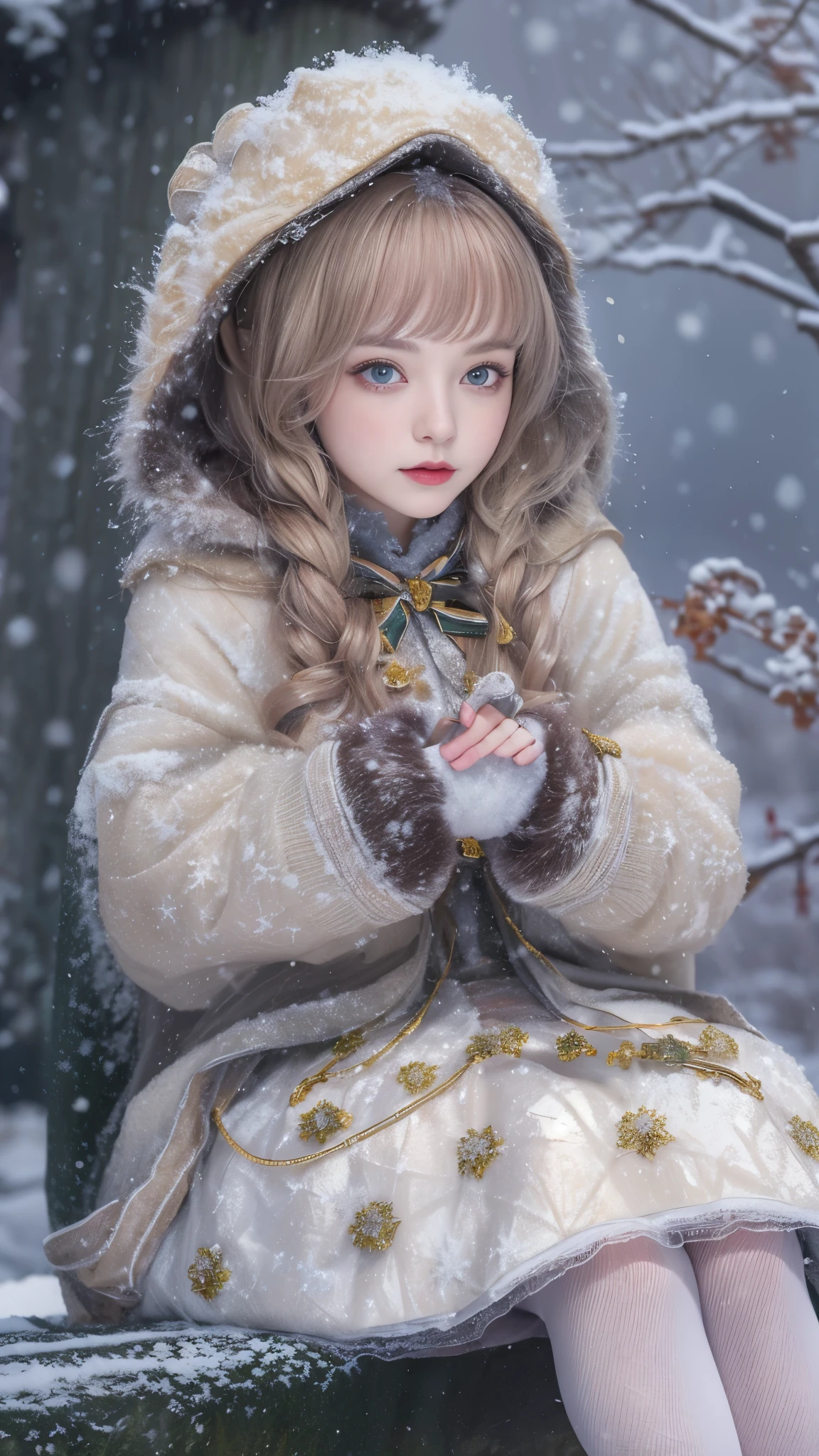 ((Works of masters)),(超高分辨率),1 girl, Sitting, ta costume,Cloak (Snow, Outdoor activities in winter:1.2),Outside the castle,8K,Detailed details,mirth,