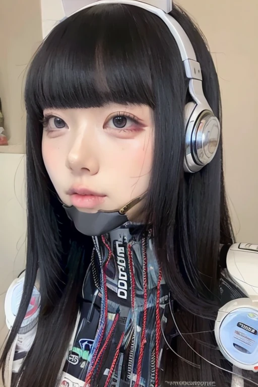 masterpiece, best quality, extremely detailed,portrait,front view,Japaese android girl,Plump, control panels,android,Droid,Mechanical Hand, Robot arms and legs,Blunt bangs,long tube,thick cable connected her neck