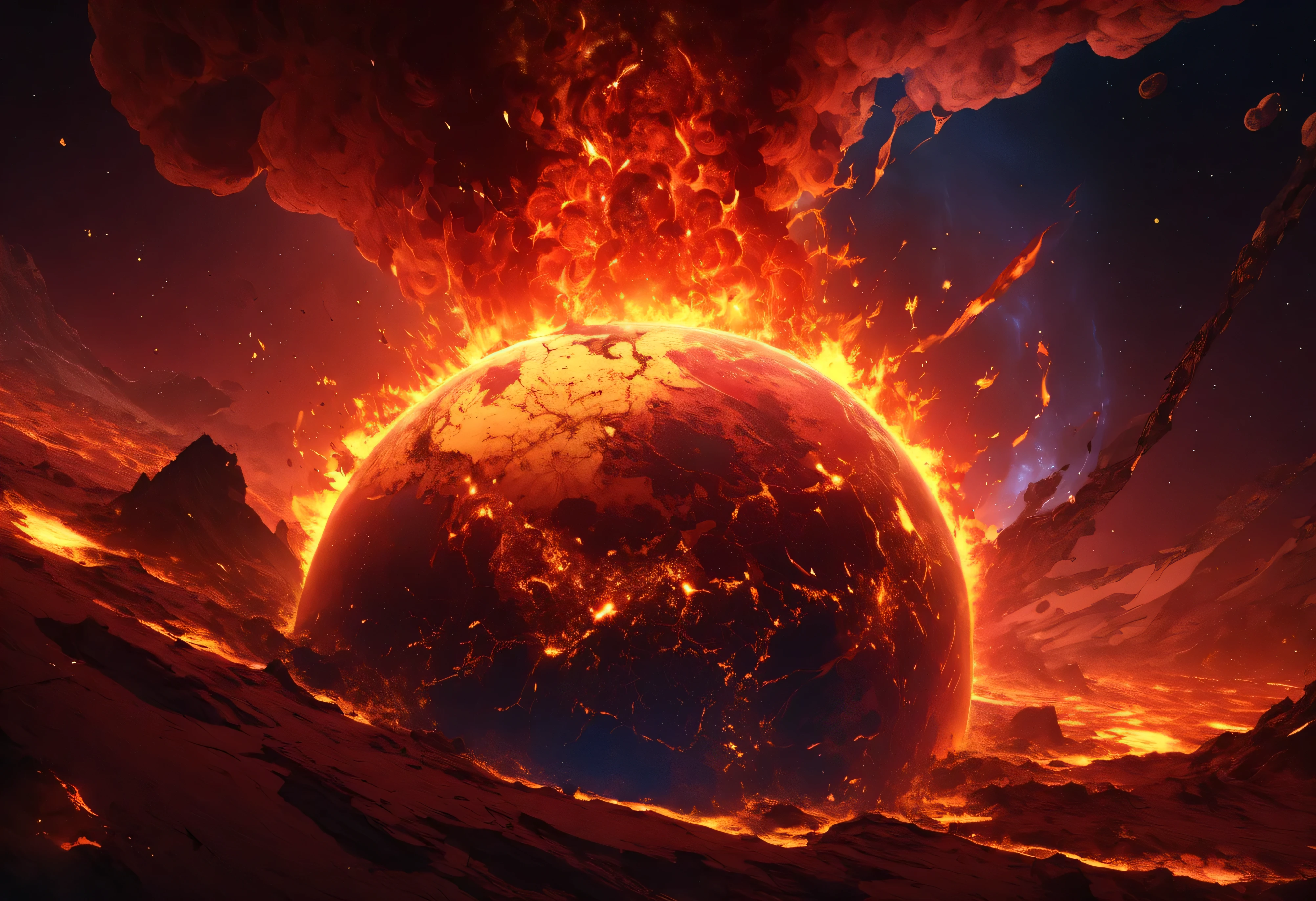 A dramatic and highly detailed depiction of planet Earth exploding in flames, set against the vast darkness of space. The globe is breaking apart, with fiery cracks and molten lava bursting from its surface. Intense flames in shades of red, orange, and yellow engulf the planet, sending fragments and debris spiraling outward. Bright explosions illuminate the surrounding space, casting a fiery glow on nearby celestial bodies. The scene is chaotic and powerful, with plumes of smoke and ash rising into the void, symbolizing destruction on a cosmic scale. The atmosphere is intense and apocalyptic, capturing the raw power of planetary annihilation