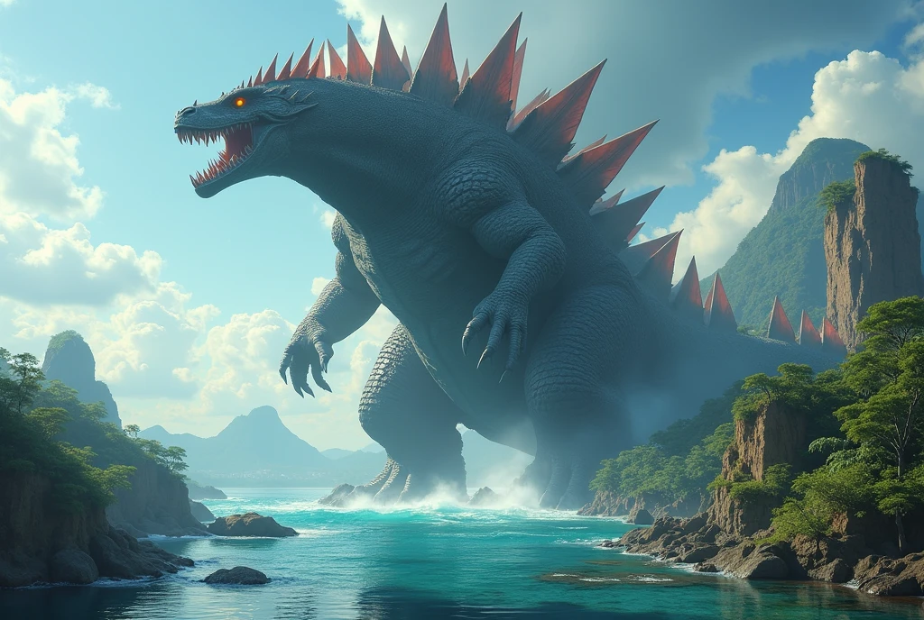 A furious giant rex dinosaur with gray skin and red eyes. Next to a volcano erupting. And in the sky a falling comet --auto --s2
