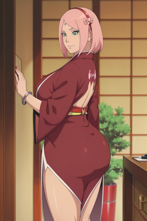 (((One beautiful woman))), (((Soio))), masutepiece, Best Quality, Anime, full body Esbian, Large breasts, Kanzashi, bathrobe, kyoto, Onsen inn, (((natta))), Smile, depth of fields,