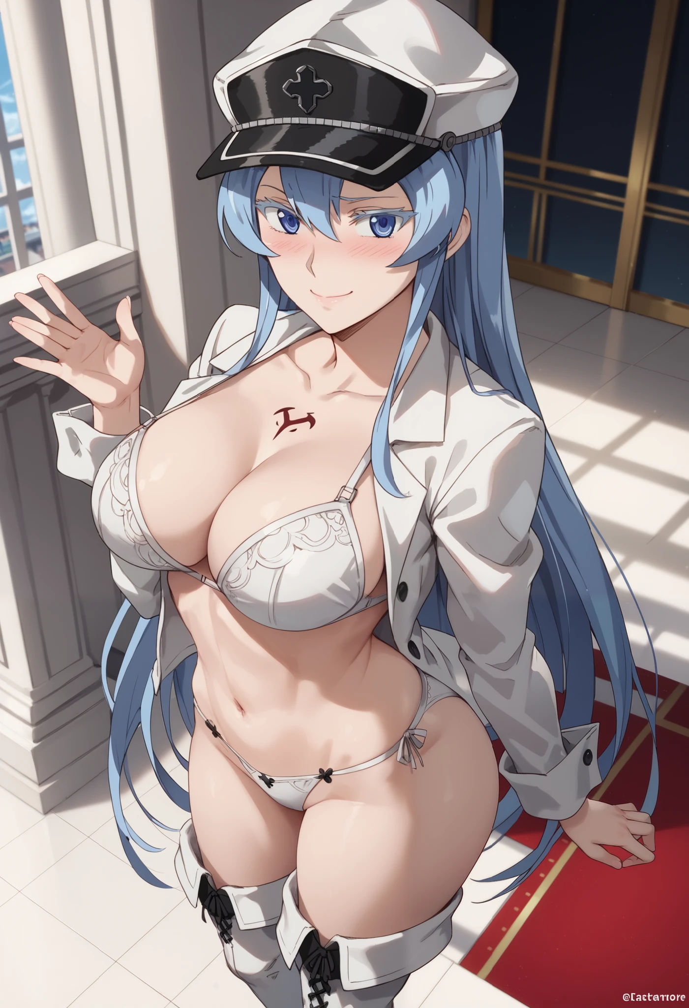 esdeath, blue eyes, blue hair, long hair, BIG BREASTS, eyelashes, red face, masterpiece, smiling, embarrassed, closed mouth, teacher, best quality, medium waist, wide hips, medium thighs, round butt, white boots, standing, frontal, looking at viewer, point of view (from above ), perfect hands, perfect anatomy, cinema hall background, WHITE BIKINI, WHITE BRA, HAT, WHITE LINGERIE