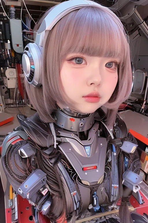 masterpiece, best quality, extremely detailed,portrait,front view,Japaese android girl,Plump, control panels,android,Droid,Mechanical Hand, Robot arms and legs,Blunt bangs,long tube,thick cable connected her neck