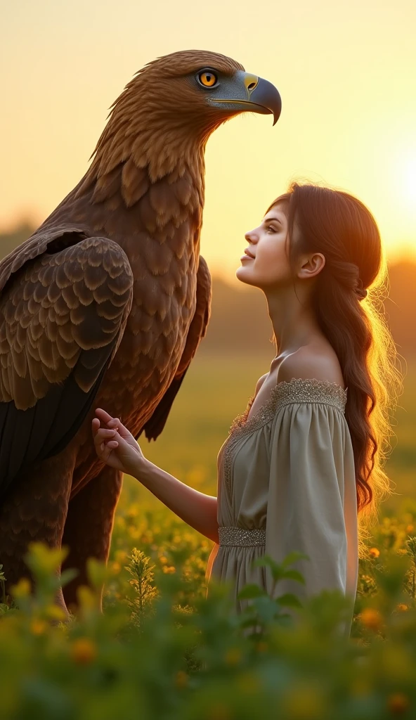 A beautiful, strong woman with flowing hair and a confident expression is standing close to a majestic eagle. The two share a moment of connection as they gently touch, their faces near each other, as if kissing. The woman wears an elegant, flowing outfit, and the eagle, with its sharp eyes and powerful wings, perches on her arm. The scene is set against a dramatic sunset, casting a warm, golden light over the pair, highlighting their bond and the sense of unity between human and nature."