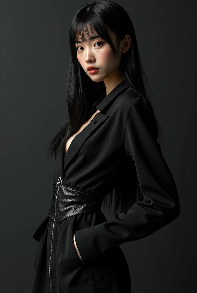 ((best quality, 8K, masterpiece :1.3)), 22 year old girl, very detailed, head facing camera, ((straight bangs)), ((sharp facial expression)), ((wearing Blazer dress)), ((elegant makeup)), hand on cheek, very detailed, realistic, sharp features, very detailed, sharp focus, perfect face, perfect symmetry, perfect eyes, perfect lips, nice anatomy, flexible female body shape, sexy face, big breasts, open cleavage, ((cinematic, film light, dramatic)), very detailed, hyperrealistic, masterpiece, atmospheric, high resolution, dynamic studio lighting, ((red background)), studio, looking at the audience's atmospheric perspective, volumetric lighting, clear focus, (realistic, Hyperrealistic: 1.37), 16k HD, information, ((full shot)).