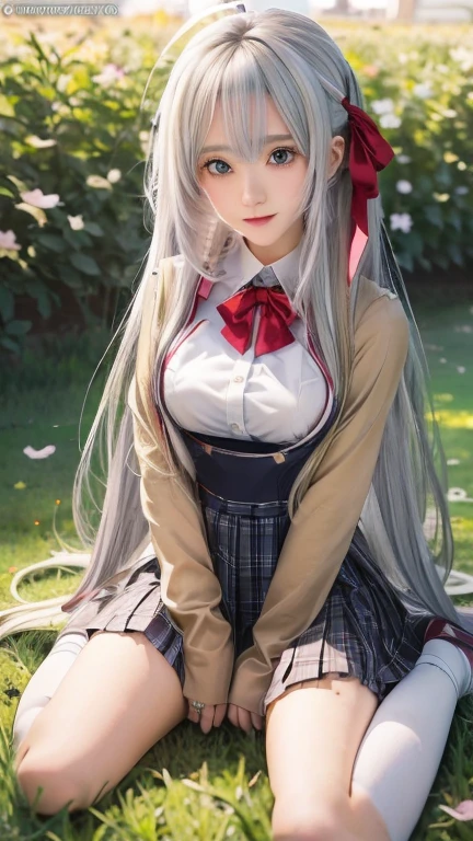 high quality，RAW photos，Ultra-high resolution，Perfect light，，17-year-old South Korean，Very large round breasts，White hair，Black Hair，Colorful Hair，short hair，Straight Hair，Long braids（White hair），Glowing red eyes，Red X pupil（focus），Smiling emoticon，，shirt，Ribbon，Pink plaid skirt，Hair Fixation，very thin mouth，，Beautiful eye details，Dark cheek makeup，Long eyelashes，Beautiful double eyelids，Eyeshadow，Beautiful thin legs，Beautiful thighs，School roof，bench，Iron fence，sit