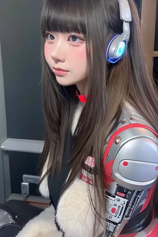 masterpiece, best quality, extremely detailed,portrait,front view,Japaese android girl,Plump, control panels,android,Droid,Mechanical Hand, Robot arms and legs,Blunt bangs,long tube,thick cable connected her neck