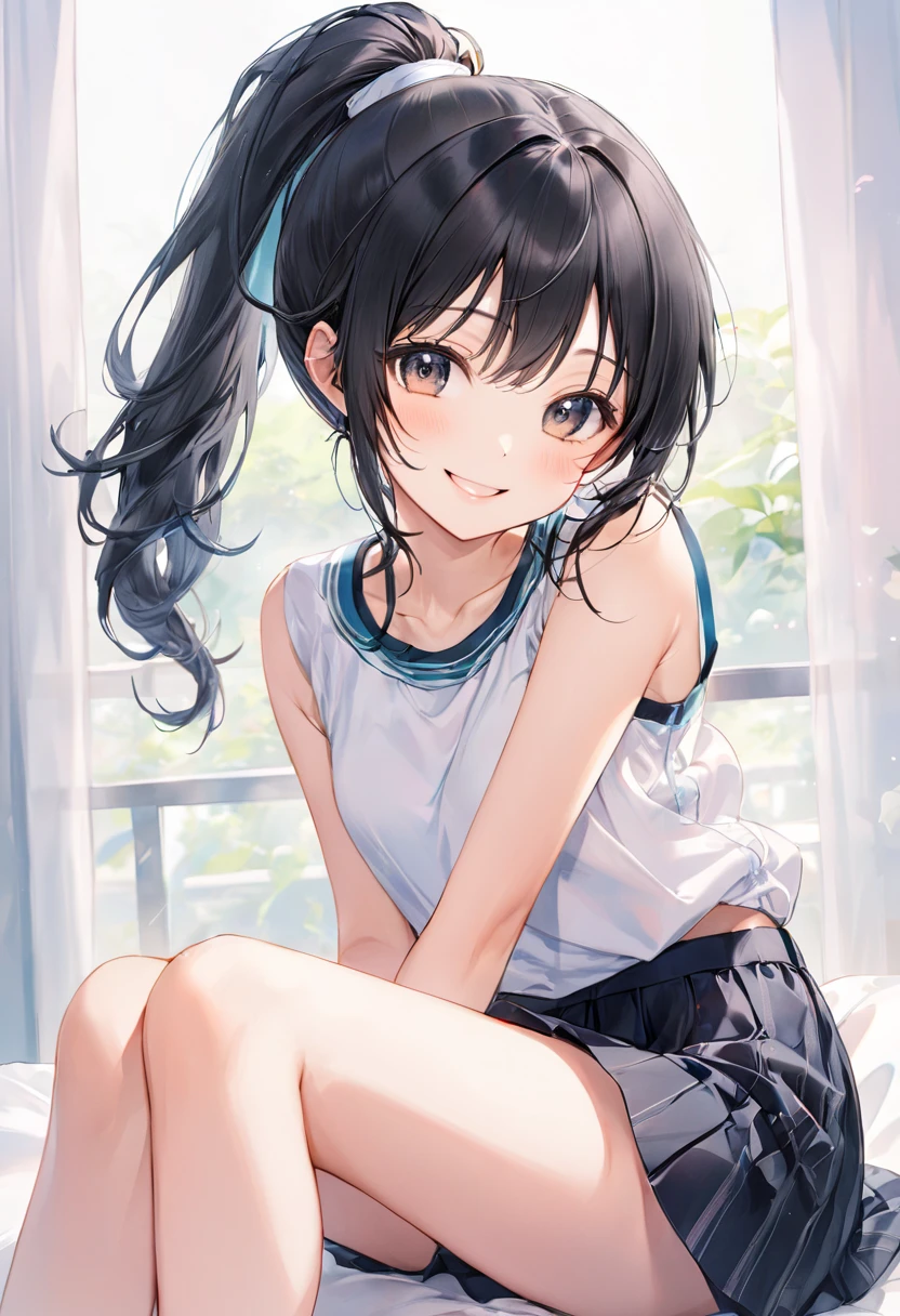 realistically, 1 girl, longhair, purple eyes, glowing eyes, white short skirt, Blush, daytime, sun light, Strapless, Wet from the rain, Seethrough, windy, Sit with your knees raised., armpit, pussy, crotch, nipples, shy