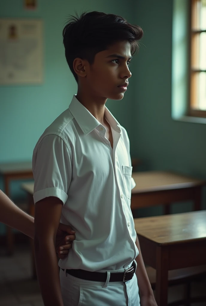 13 years aged Indian shirtless boy is beated by 60 years Indian teacher in the class room. Boy has wounds on the body. 30 students are seeing that incident, students are sitting on the floor.