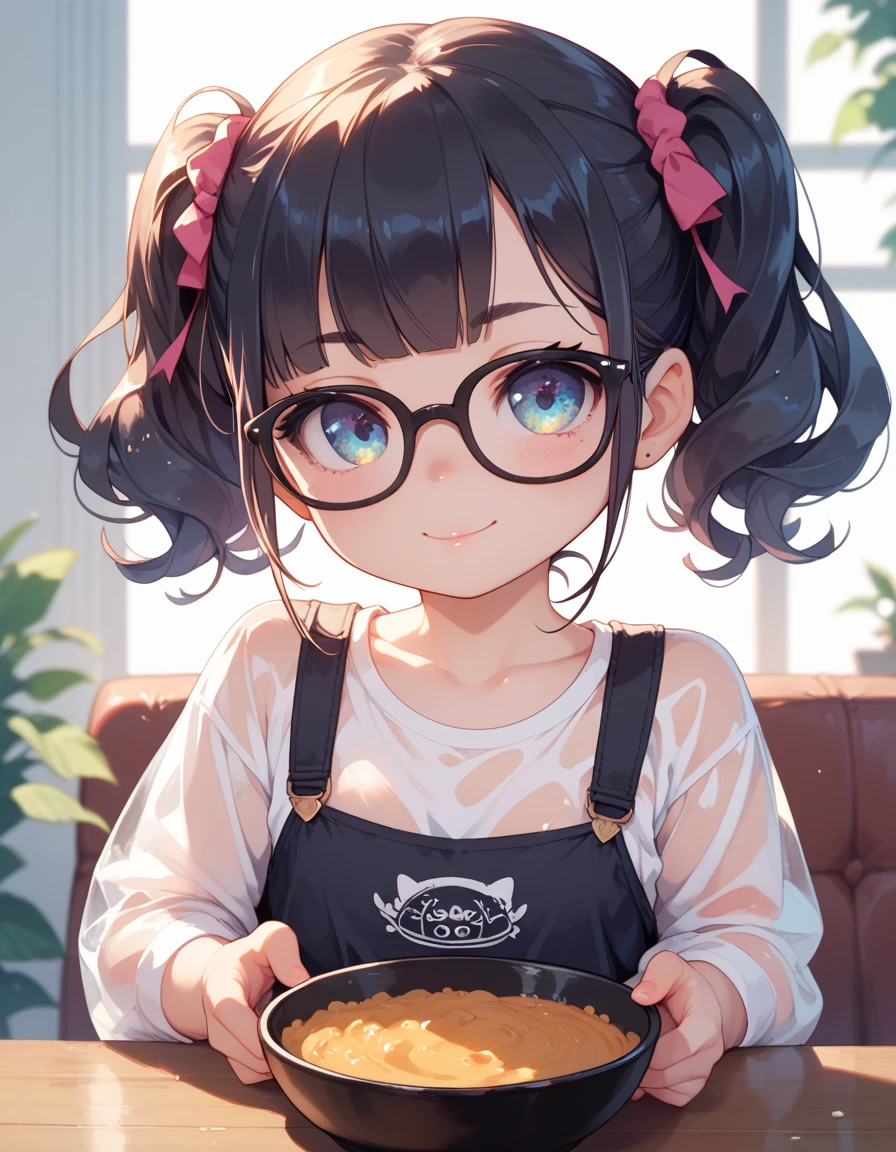 loli, black bowl hairstyles, big black glasses, see through thin tight clothing 