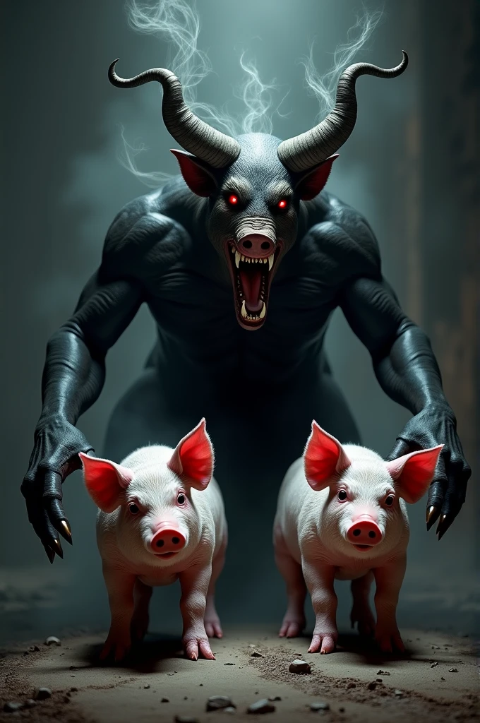 make a very diabolical devil , grabbing the ears of a donkey wearing a red and white shirt