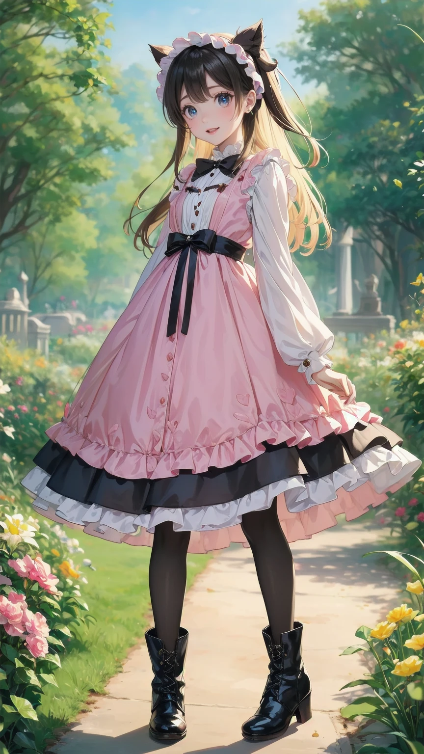   anime style 、story、、   pretty girl 、とてもcute天使、  pink gothic dress 、cute、baby face、smile、  Long Skirt 、   black boots 、Very cute headband
