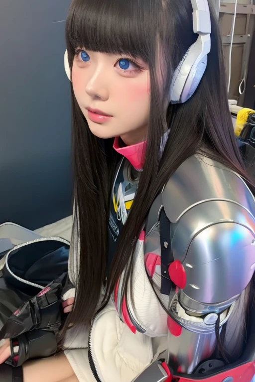 masterpiece, best quality, extremely detailed,portrait,front view,Japaese android girl,Plump, control panels,android,Droid,Mechanical Hand, Robot arms and legs,Blunt bangs,long tube,thick cable connected her neck