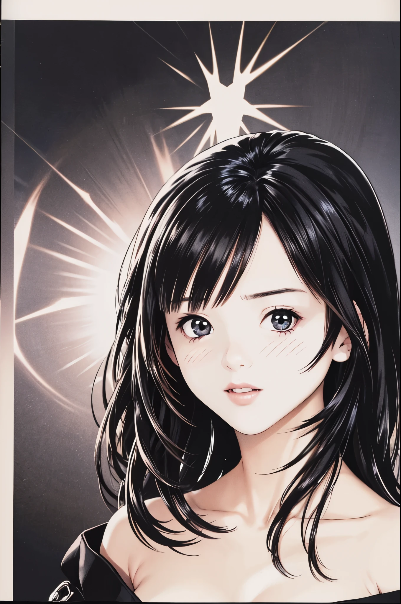 (8k、top-quality、masterpiece:1.2)、(Realistic、 ultra-detailed、 super A high resolution 、 1 girl、 saw Beholder、 beautiful detailed face, look at the viewers, layered hair, long black hair ,full-face blush、narrow、( slim waist ) :1.3)、 clevis、 beautiful detailed skins、 skin texture、Floating Hair、 Professional Lighting 、At the shrine,( Human body:1.0),Long Hit,Kimono dress, off shoulder, winks,Wear random colors