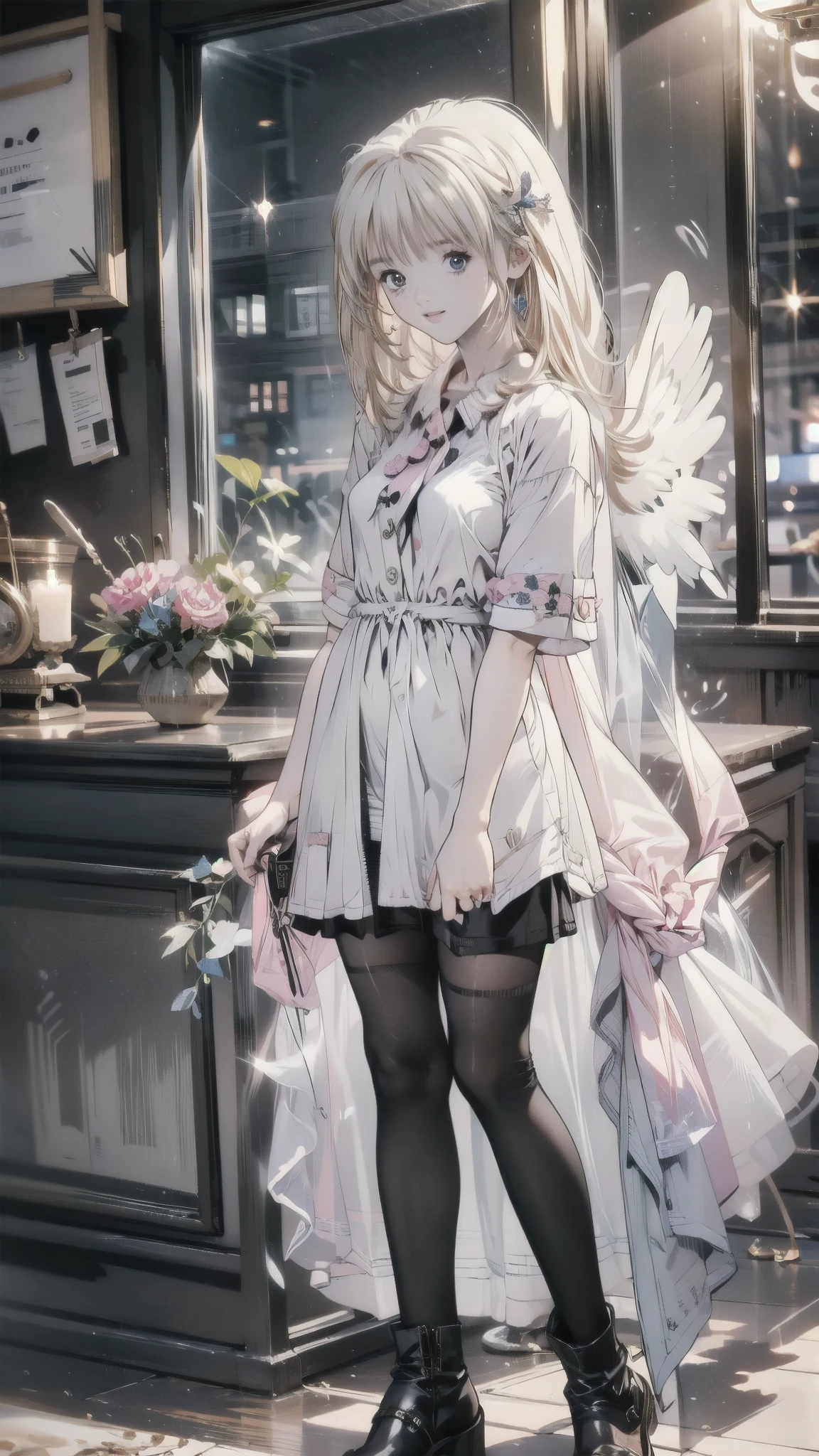 Beautiful girl、とてもcute天使、 pink gothic dress、cute、、smile、 Long Skirt、 BLACK LONG BOOTS 、Angel Wings、