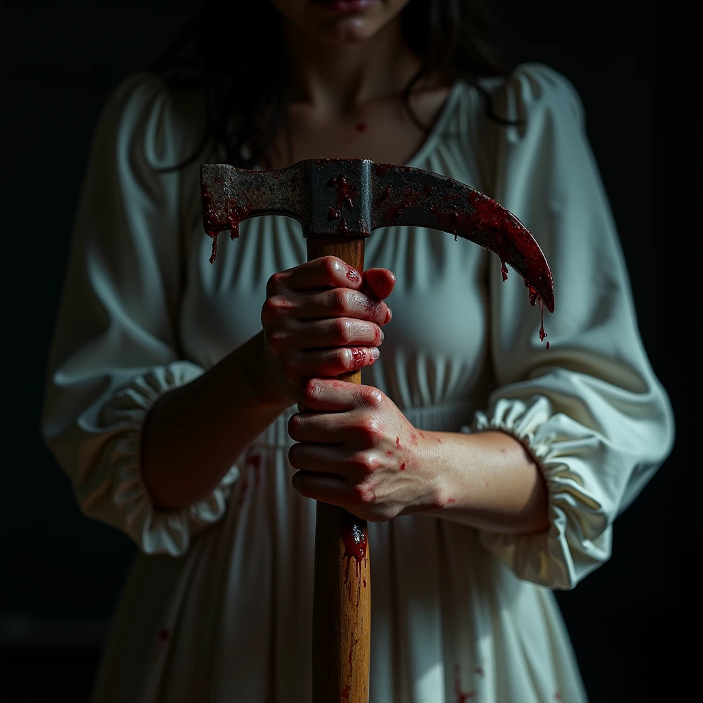 (a woman's closeup hands gripping a bloodied hatchet handle:2.0), white dress heavily stained with blood:1.5, blood dripping, horror,dramatic lighting,chiaroscuro,gritty,dark,moody,realistic,detailed,hyper-realistic,4k,8k,highres,masterpiece:1.2,ultra-detailed,realistic:1.37,professional,vivid colors,dramatic shadows