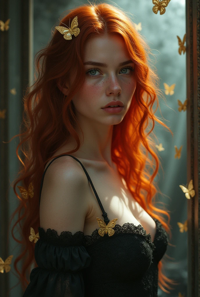 (solo, full body photo:1.3), (action packed:1.3), (haze, fog, mist:1.3), chiaroscuro, best quality, photorealistic, 1woman, (cute), (24yo:1.2), redhead, long ginger hair highly detailed, 1700'S, digital photography, art by artgerm and ruan jia and greg rutkowski surreal painting gold butterfly filigree, broken glass, (masterpiece, sidelighting, finely detailed Fashionable eyes: 1.2) (perfect oval large eyes that gazes at the viewer), beautiful detailed face, blue gorgeous perfect eyes, (blonde hair ponytail), (attractive young woman:1.3), (thick amazing hair), (seductive:1.1), (blushing:1.1)