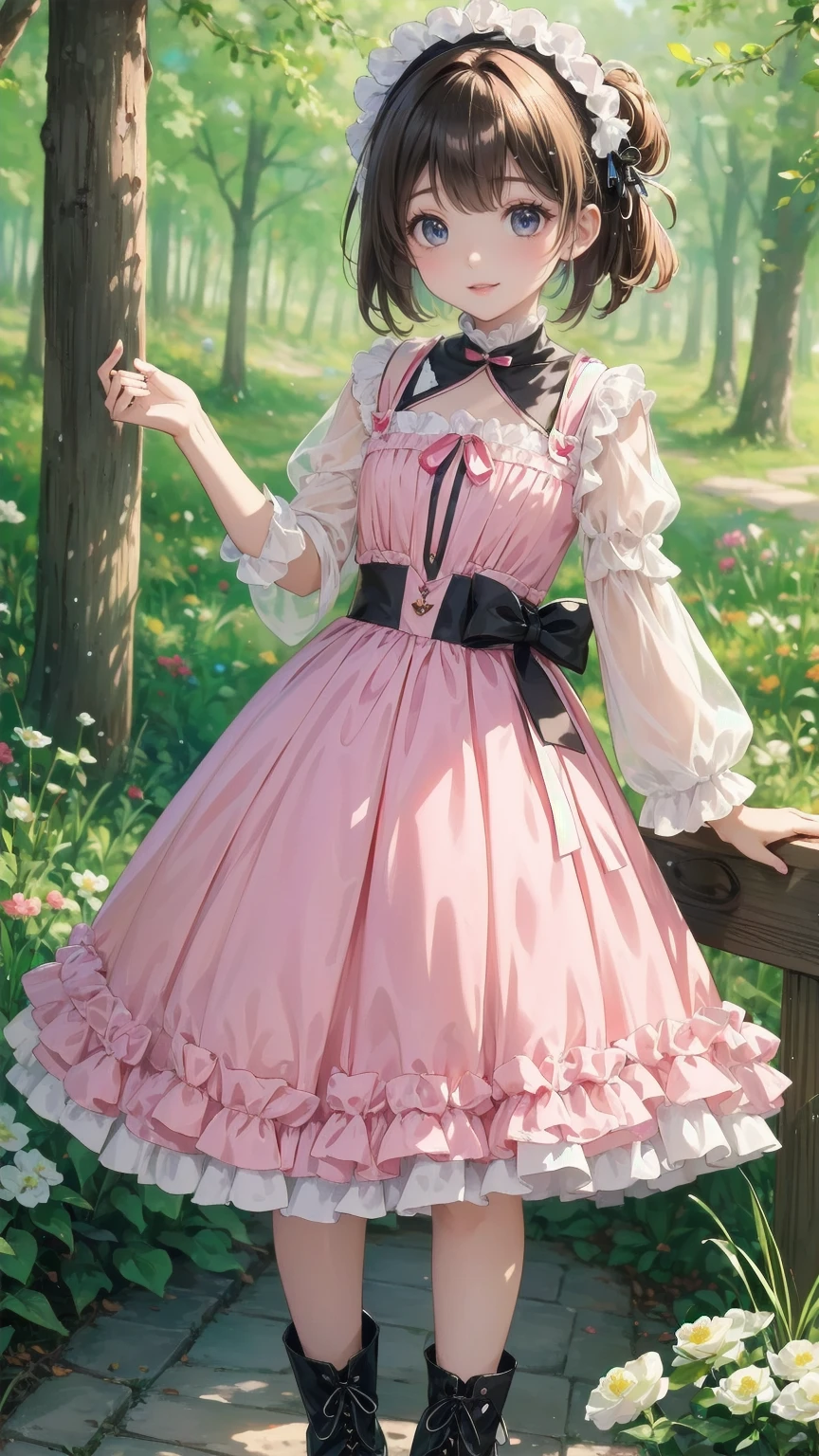   anime style 、story、、   pretty girl 、とてもcute天使、  pink gothic dress 、cute、、smile、  Long Skirt 、   black boots 、Very cute headband
