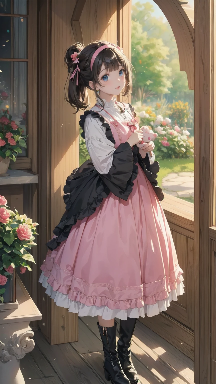   anime style 、story、、   pretty girl 、とてもcute天使、  pink gothic dress 、cute、baby face、smile、  Long Skirt 、   black boots 、Very cute headband
