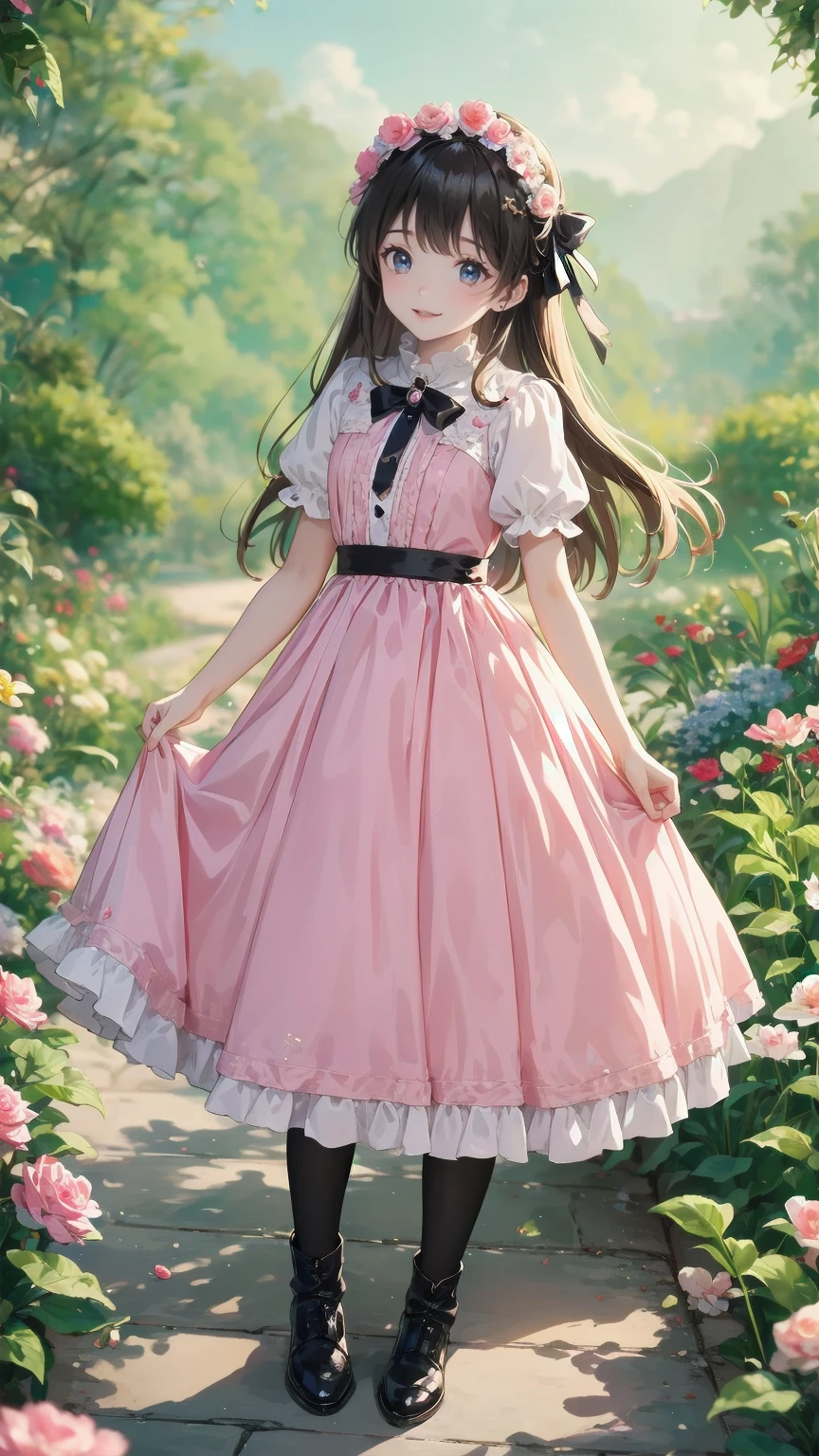   anime style 、story、、   pretty girl 、とてもcute天使、  pink gothic dress 、cute、、smile、  Long Skirt 、   black boots 、Very cute headband
