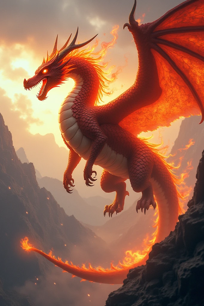 
**age:** 500 years

**height:** 20 meters (When standing fully)

**Appearance:** The Fire Dragon has bright red scales that glow like they&#39;re burning in the sky. It has large, strong wings decorated with golden scales. Its face has sharp fangs and eyes that glow like gold coins.

**Personality:** The Fire Dragon has a confident and dignified personality. It often stands tall and has an imposing demeanor. It also has a quick-witted sense of humor and often speaks in a firm voice, but is compassionate towards those who show it respect and sincerity.
